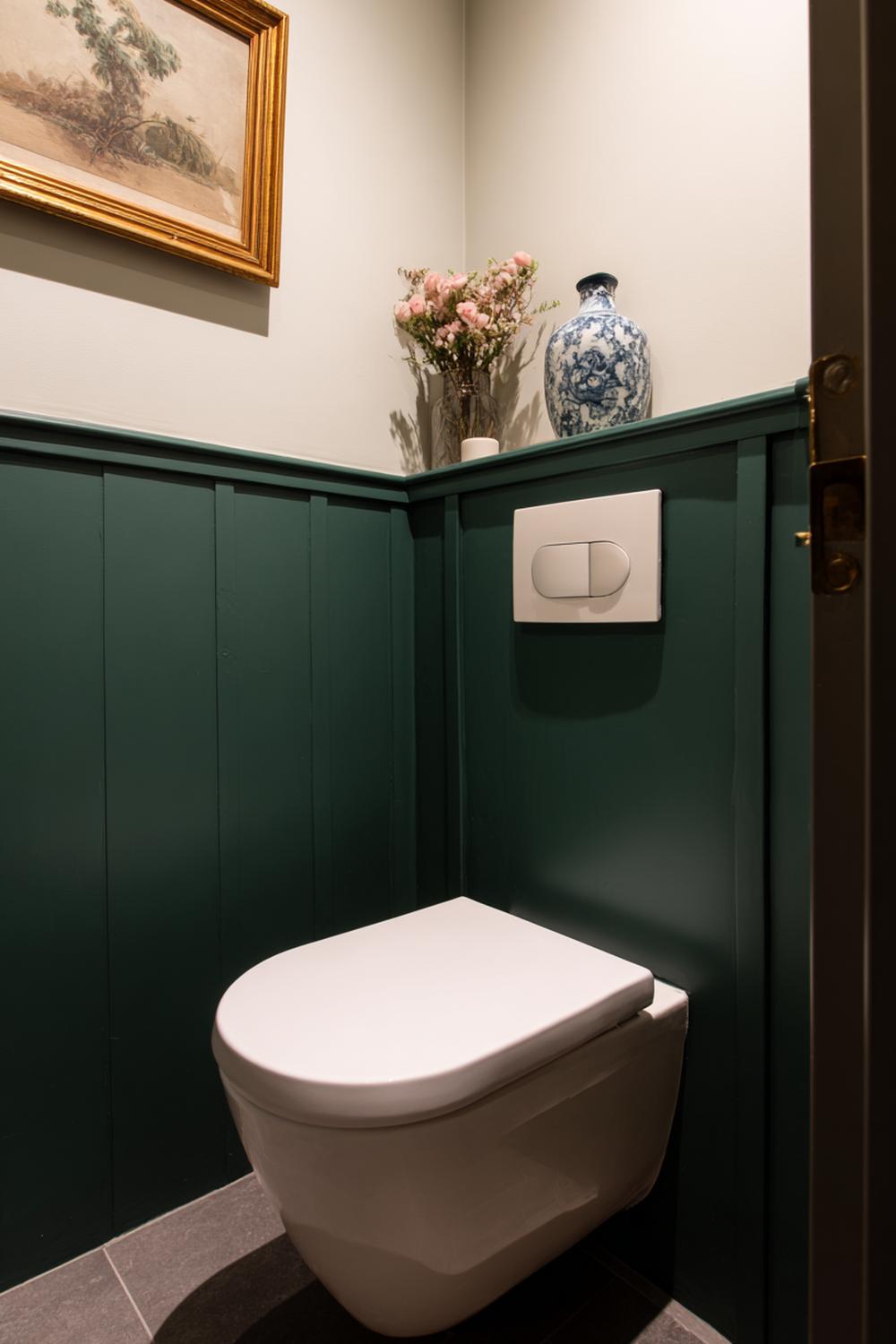 5. Toilet inspiratie met donkergroene lambrisering en vintage lijstwerk