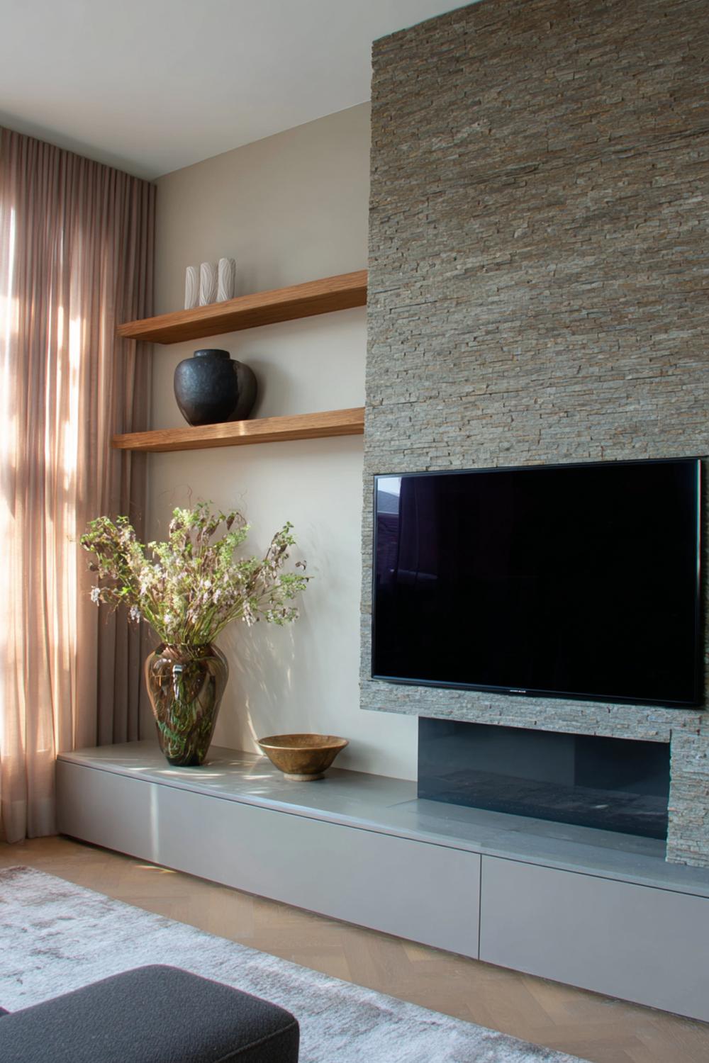 10. Tv wand ontwerp met natuursteen schouw en minimalistische tv