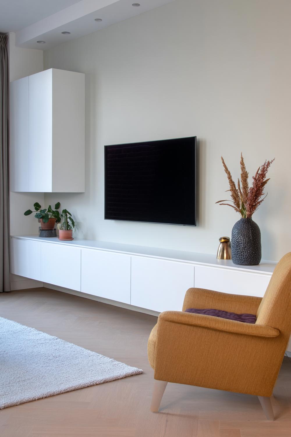 5. Tv wand ontwerp met greeploze kastenwand tot plafond