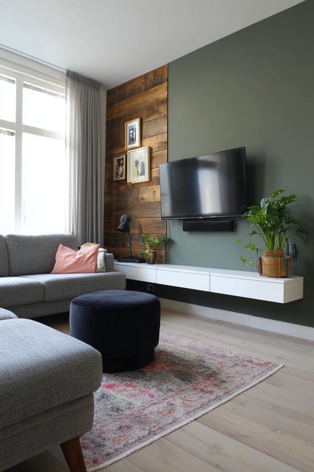 6. Tv wand ontwerp met zwevende plank en gallery wall eromheen