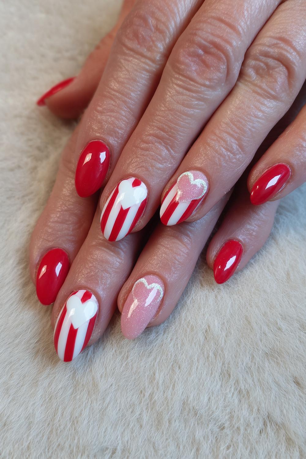 10. Valentines nails met rood-witte candy stripe en hart