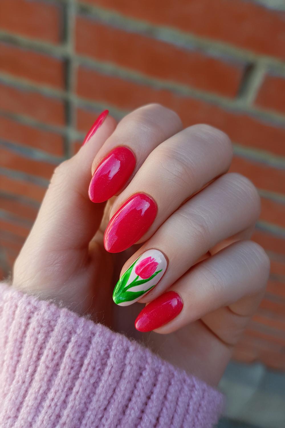 8. Wiosenne paznokcie met tulpenaccent in rood en groen