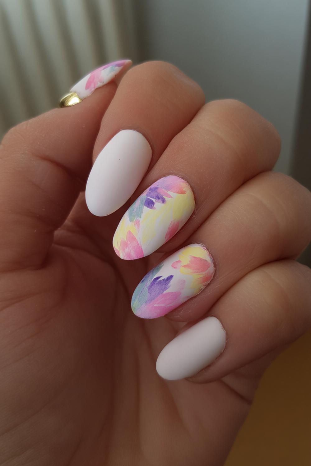 9. Wiosenne paznokcie met aquarel bloemblaadjes in pastel