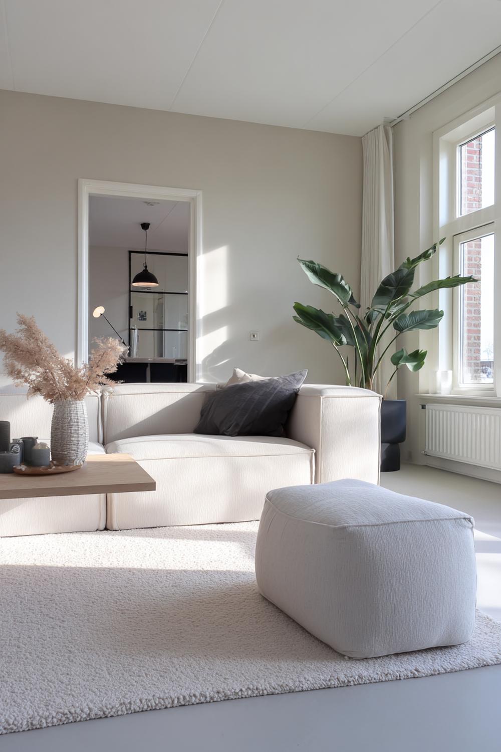 7. Woonkamer inspiratie met minimalistische lijnen en verborgen opbergruimte