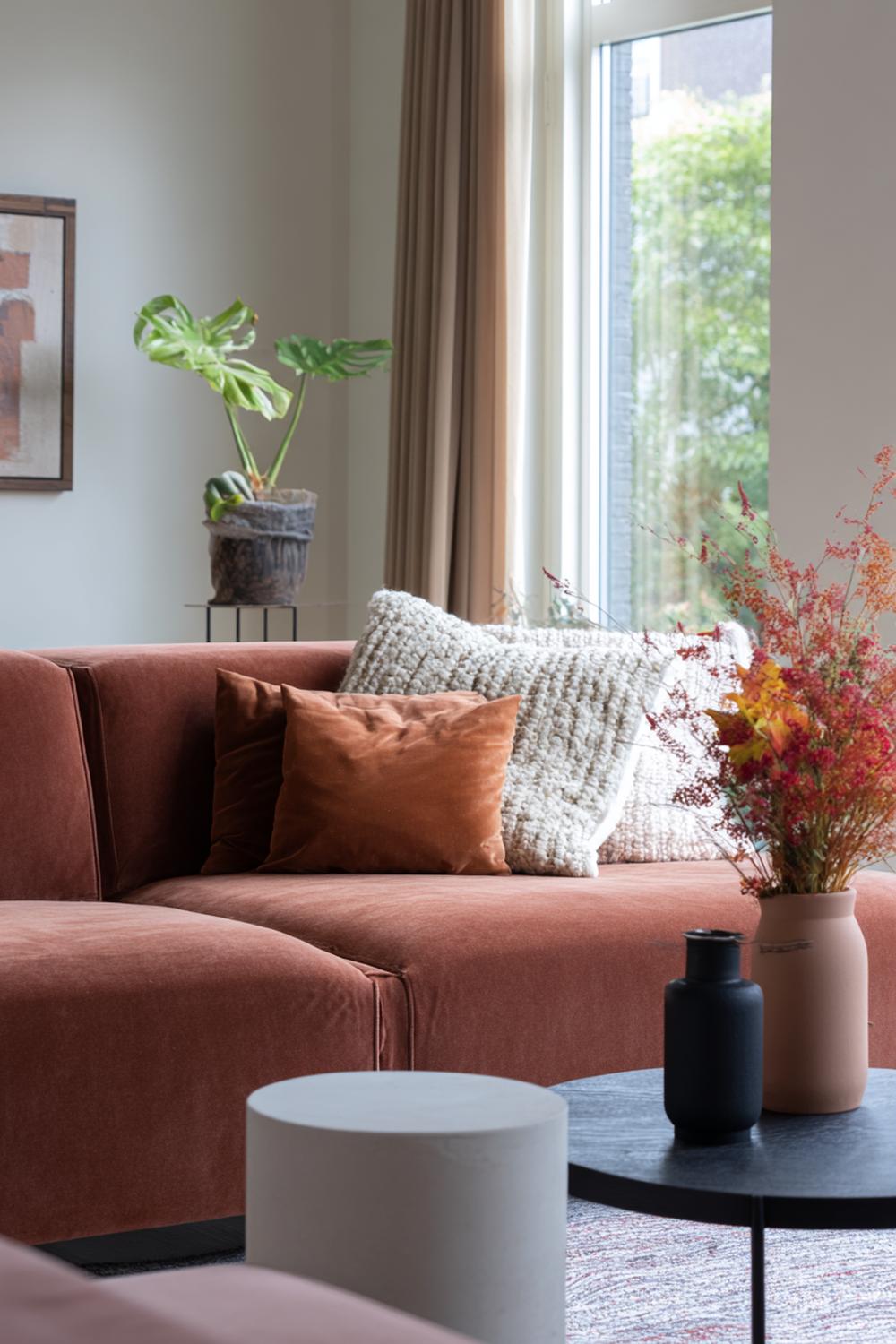 9. Woonkamer inspiratie met statement bank in terracotta en naturel