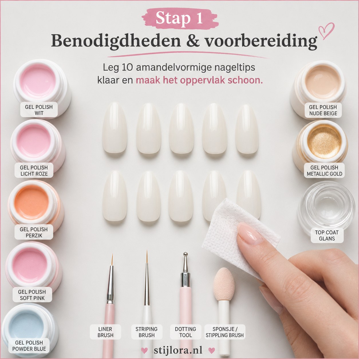 Overzicht van gellak potjes en kwasten voor zomer nagels met strand en fruit motieven