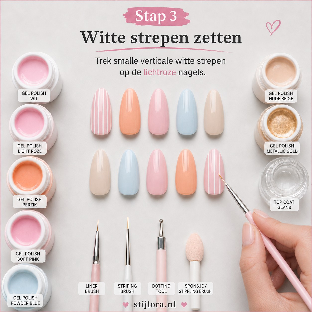 Witte verticale strepen op lichtroze nagel als onderdeel van zomer nagels strand fruit design