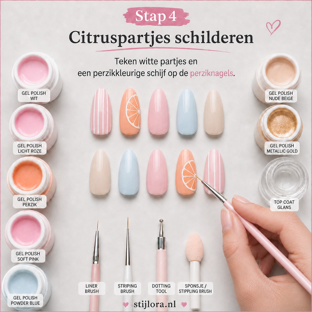 Handgeschilderde citruspartjes op perzikkleurige nagel binnen de zomer nagels strand fruit stijl