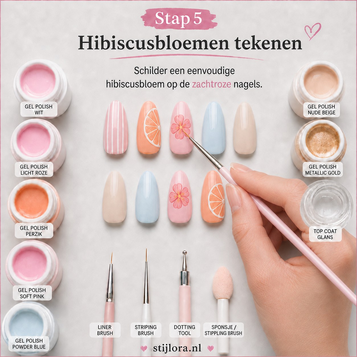 Fijne hibiscusbloem getekend op zachtroze nagel voor tropische zomer nagels look