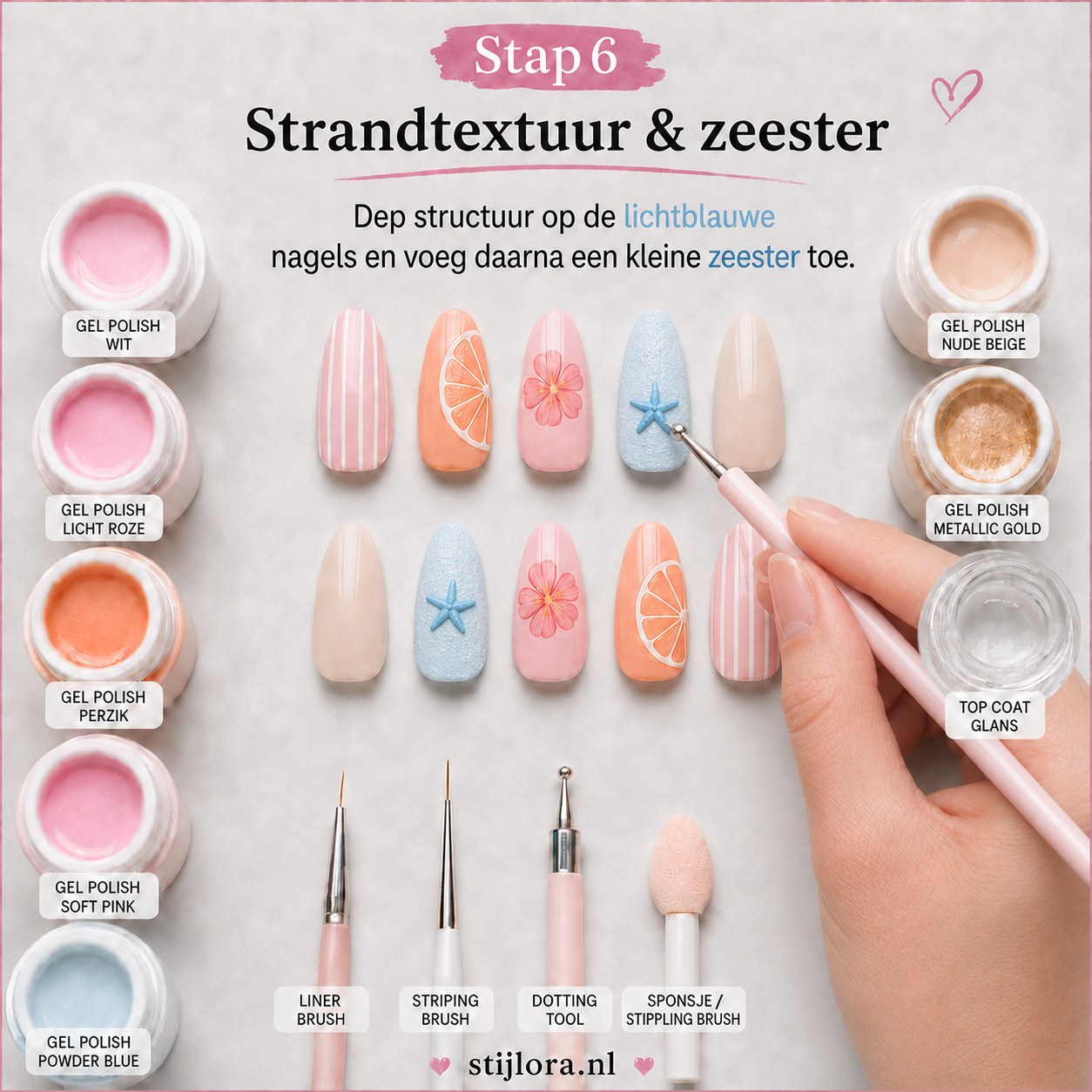 Zandstructuur en blauwe zeester op lichtblauwe nagel passend bij zomer nagels strand fruit thema