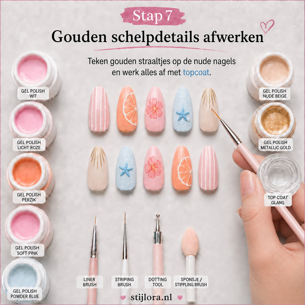 Gouden schelpdetails en glanzende topcoat afgewerkt op nude nagel in zomerse nailart